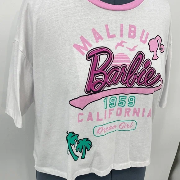BARBIE  Barbie 1959 White AND PINK  Graphic T-Shirt WOMENS SIZE XL CROP - Picture 3 of 7